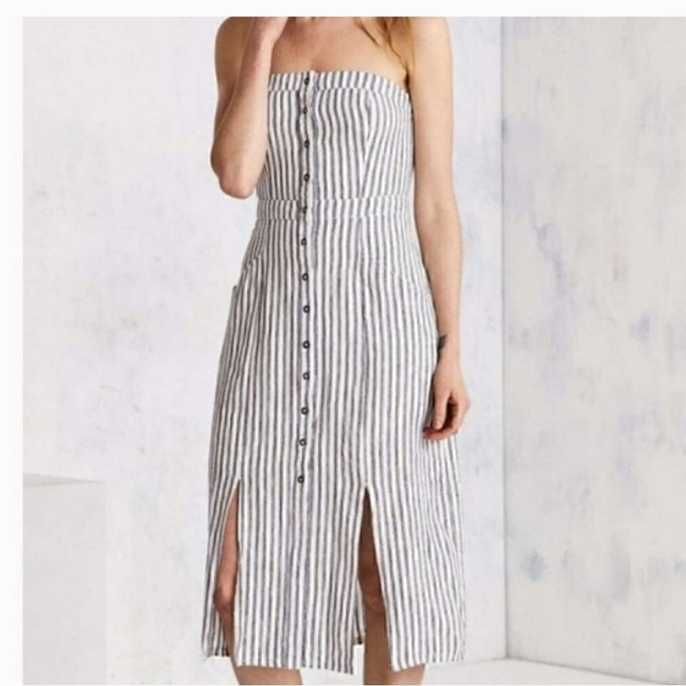 BDG Linen-Blend Strapless Striped Button Front Midi Dress